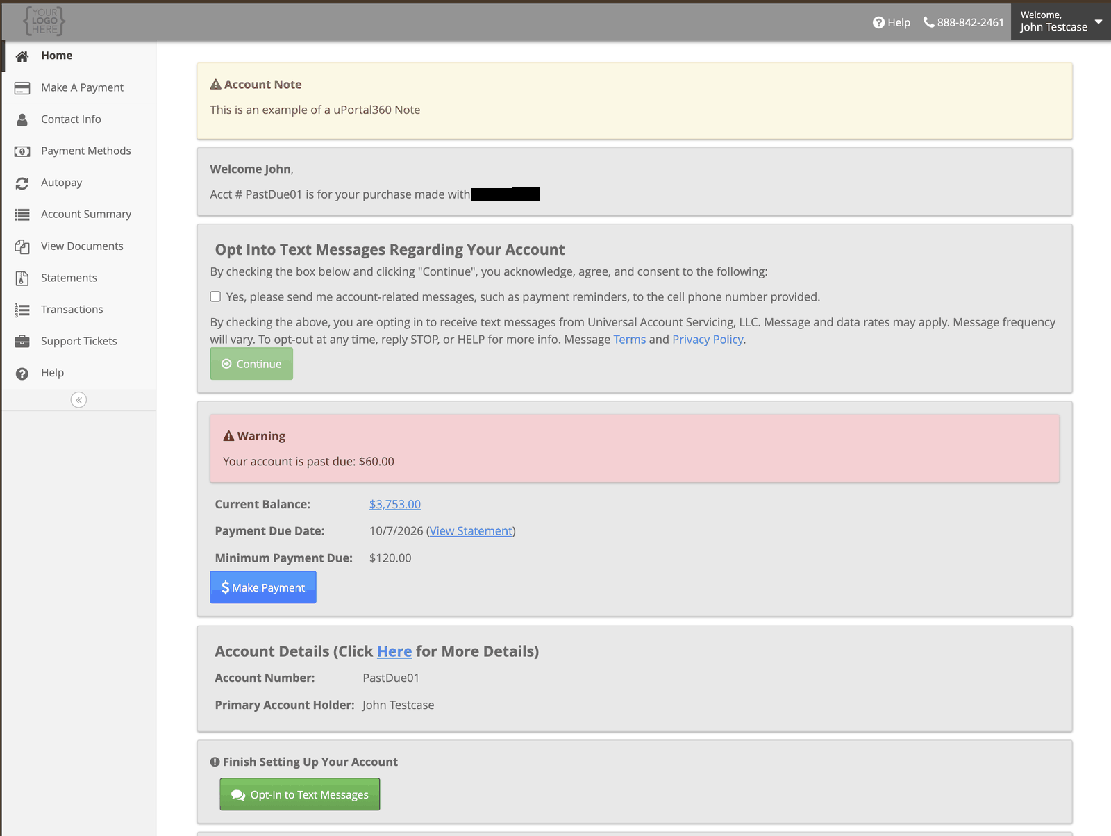 The uPortal360 home screen showing a past due warning, current balance, payment due date, minimum payment due and a Make Payment button