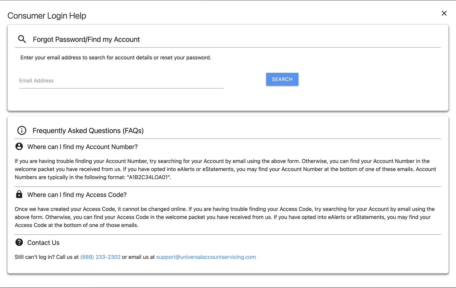 Consumer Login Help screen with a Forgot Password slash Find my Account email search box and answers about where to find an Account Number and Access Code