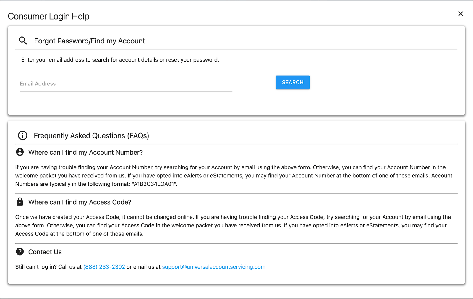 Consumer Login Help screen with a Forgot Password slash Find my Account email search box and answers about where to find an Account Number and Access Code