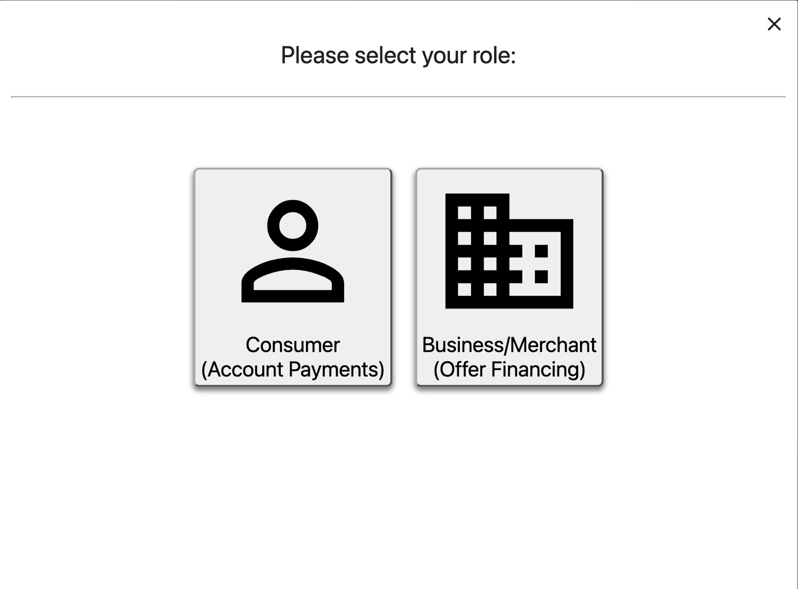 Role selection screen offering Consumer for account payments and Business slash Merchant for offering financing