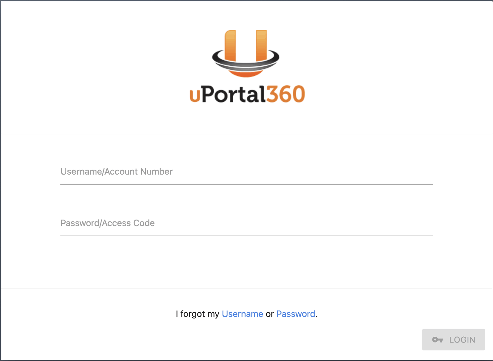 The uPortal360 sign-in screen, with fields labelled Username slash Account Number and Password slash Access Code
