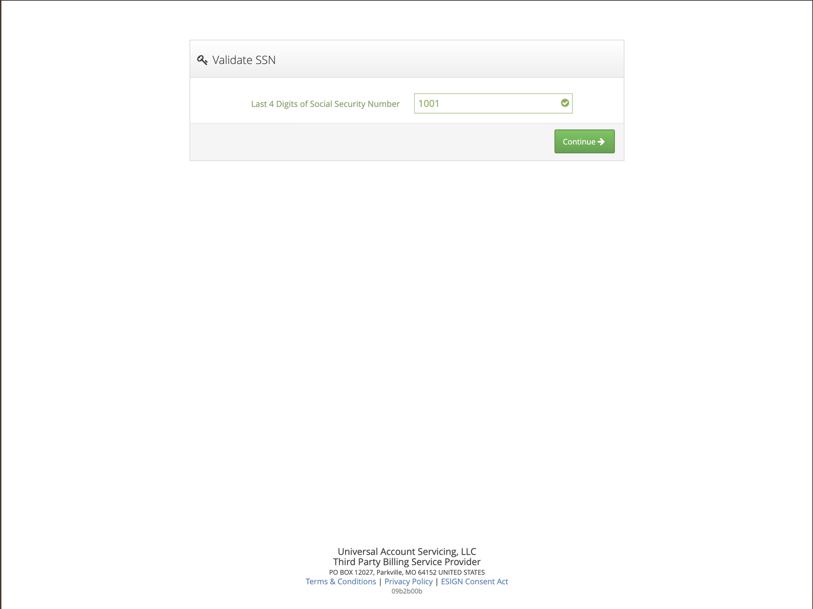 Validate SSN screen asking for the last four digits of a Social Security Number