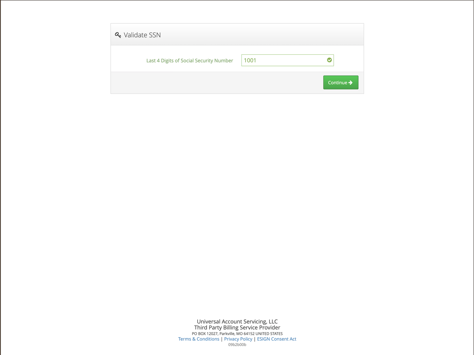 Validate SSN screen asking for the last four digits of a Social Security Number