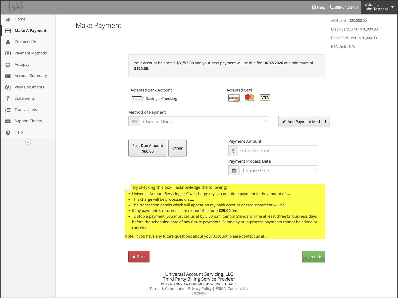 The Make A Payment screen showing accepted bank account types, accepted card networks, and the payment limits for each