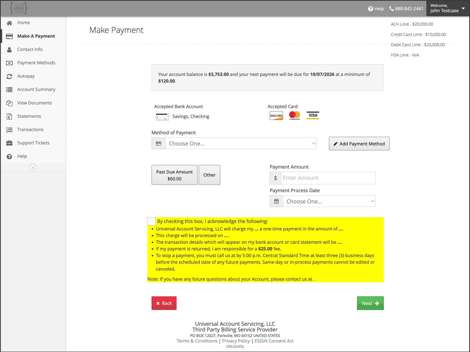 The Make A Payment screen showing accepted bank account types, accepted card networks, and the payment limits for each