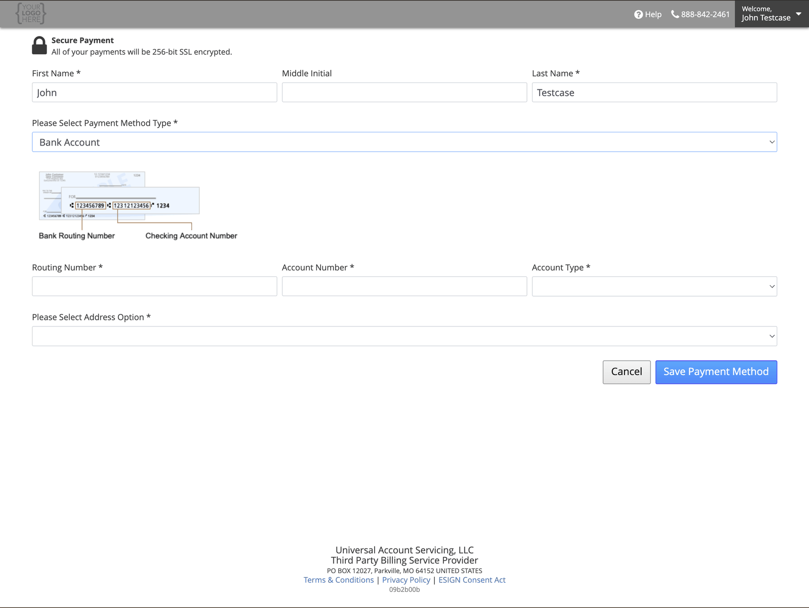 Adding a bank account, with a check diagram showing where the routing and account numbers appear