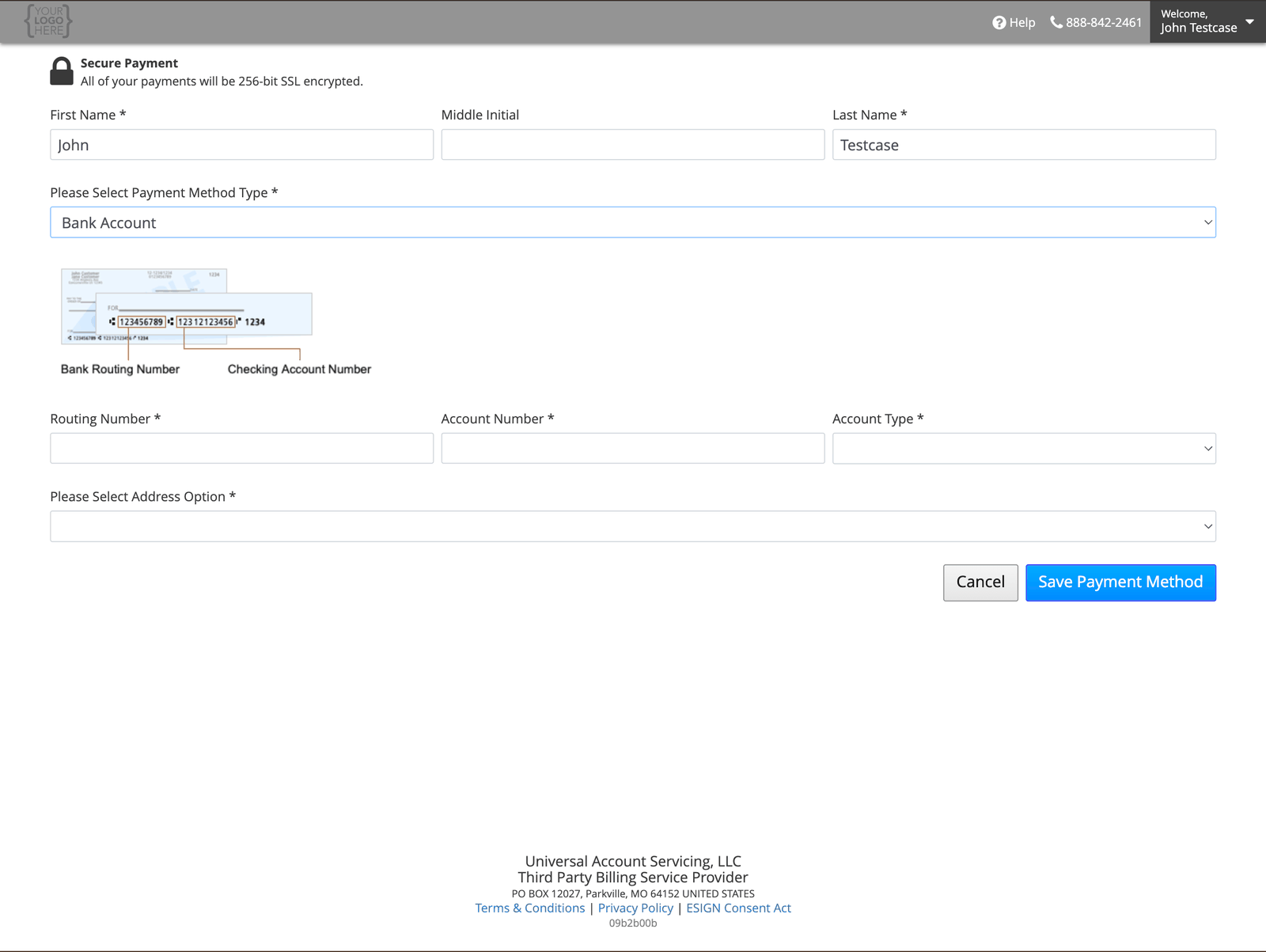 Adding a bank account, with a check diagram showing where the routing and account numbers appear