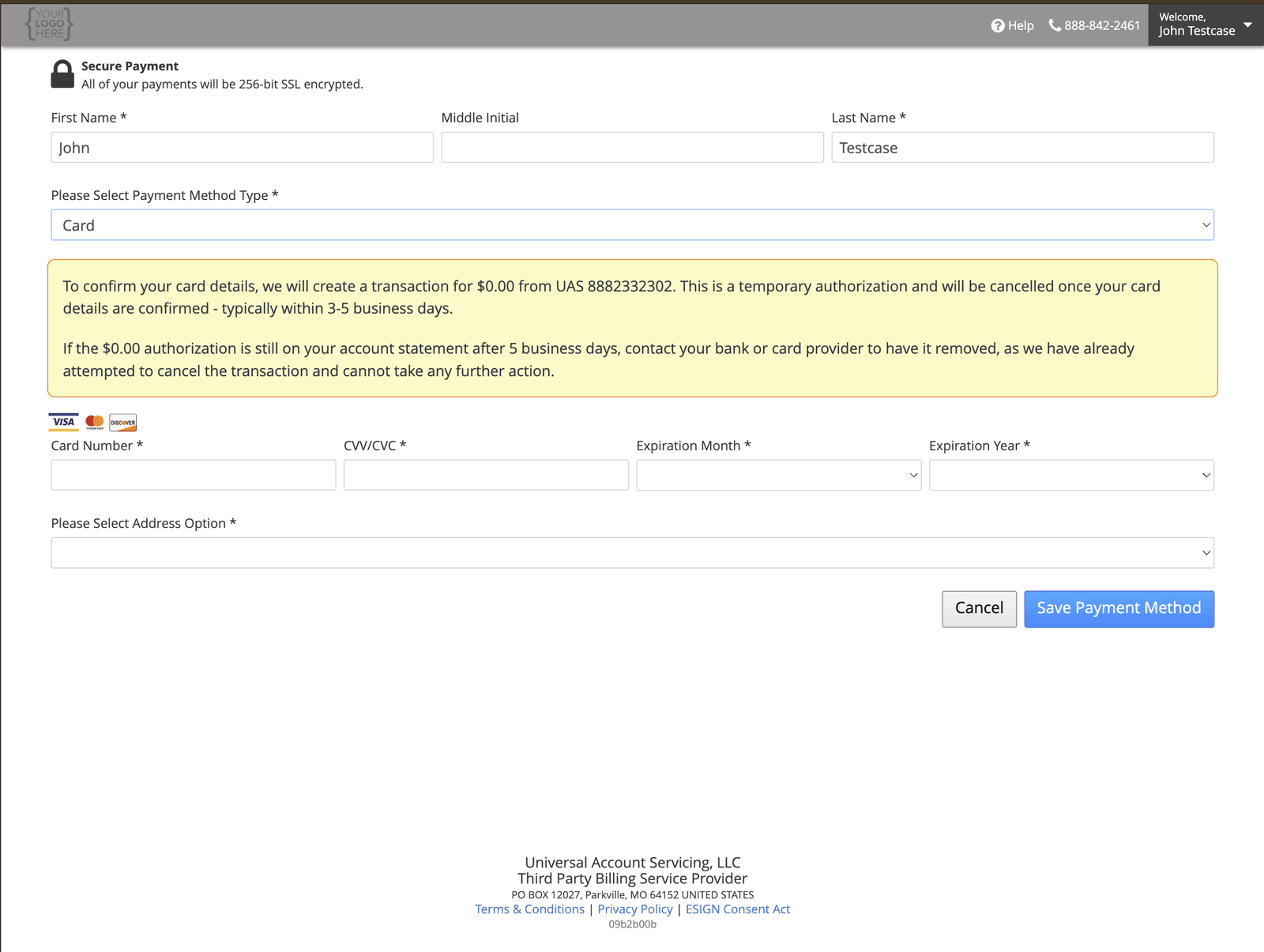 Adding a card, with fields for card number, security code and expiration date, and a notice explaining the temporary zero-dollar authorization