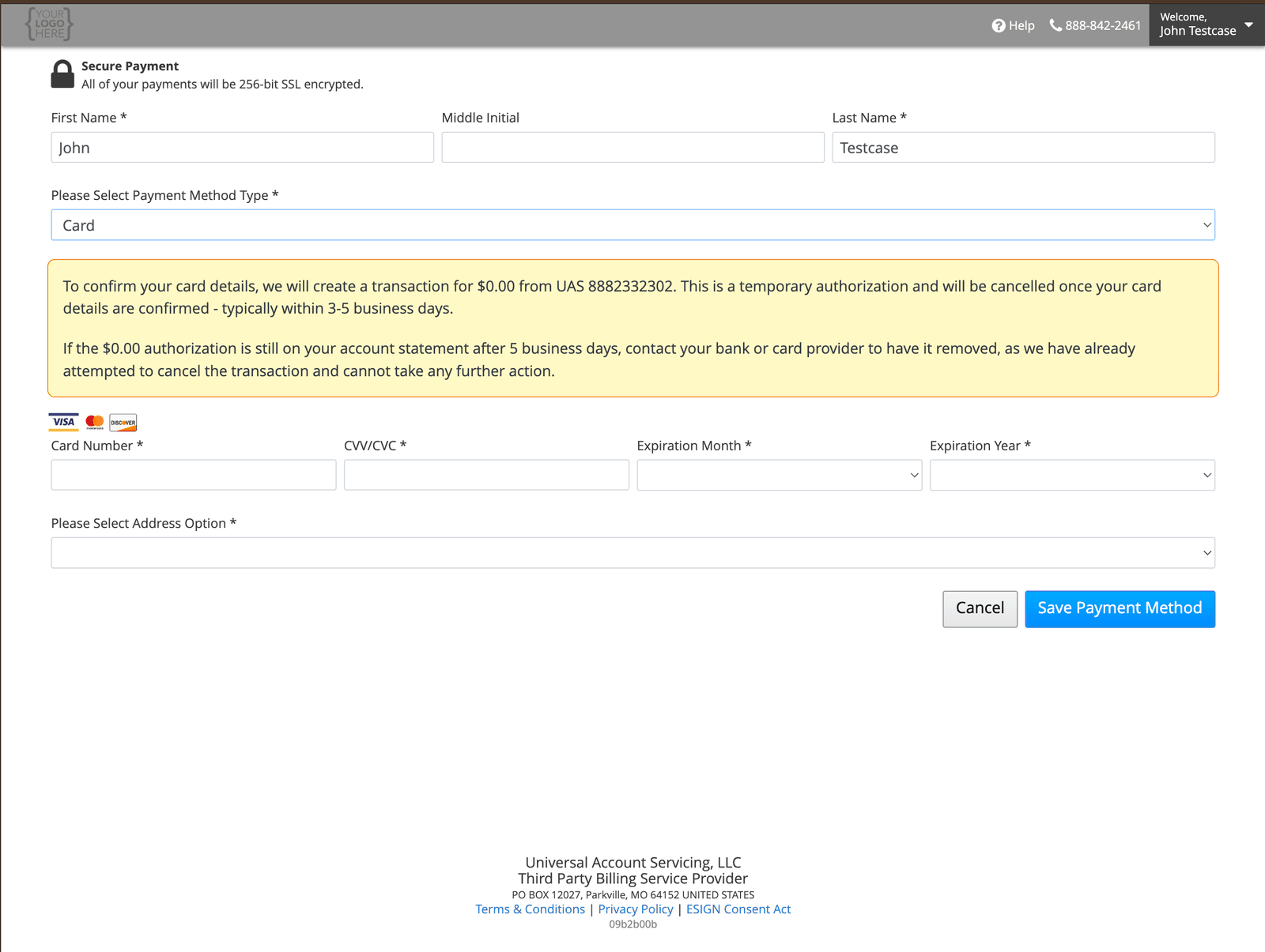 Adding a card, with fields for card number, security code and expiration date, and a notice explaining the temporary zero-dollar authorization