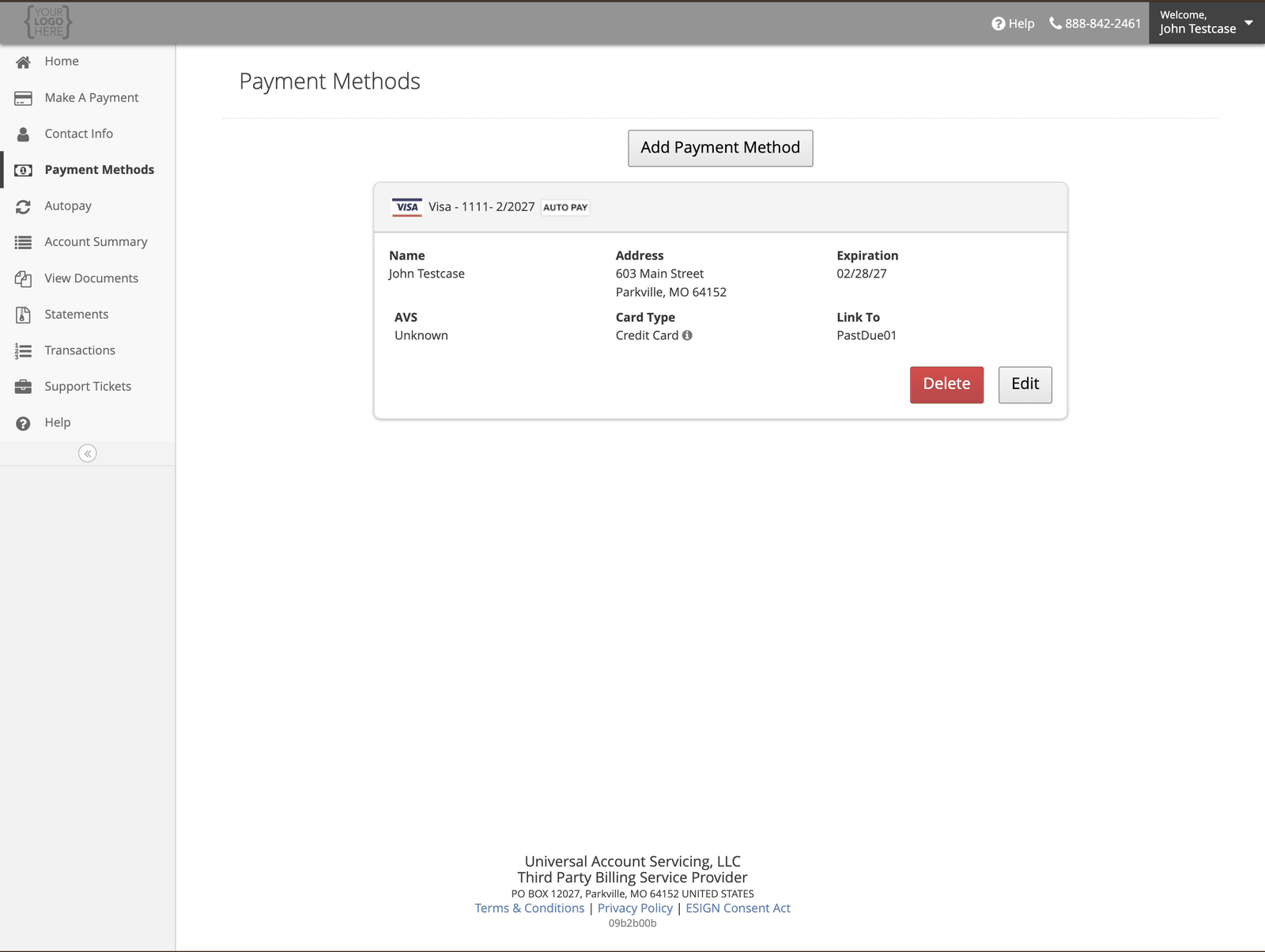 Payment Methods page showing a saved Visa card with name, address, expiration, card type and Delete and Edit buttons