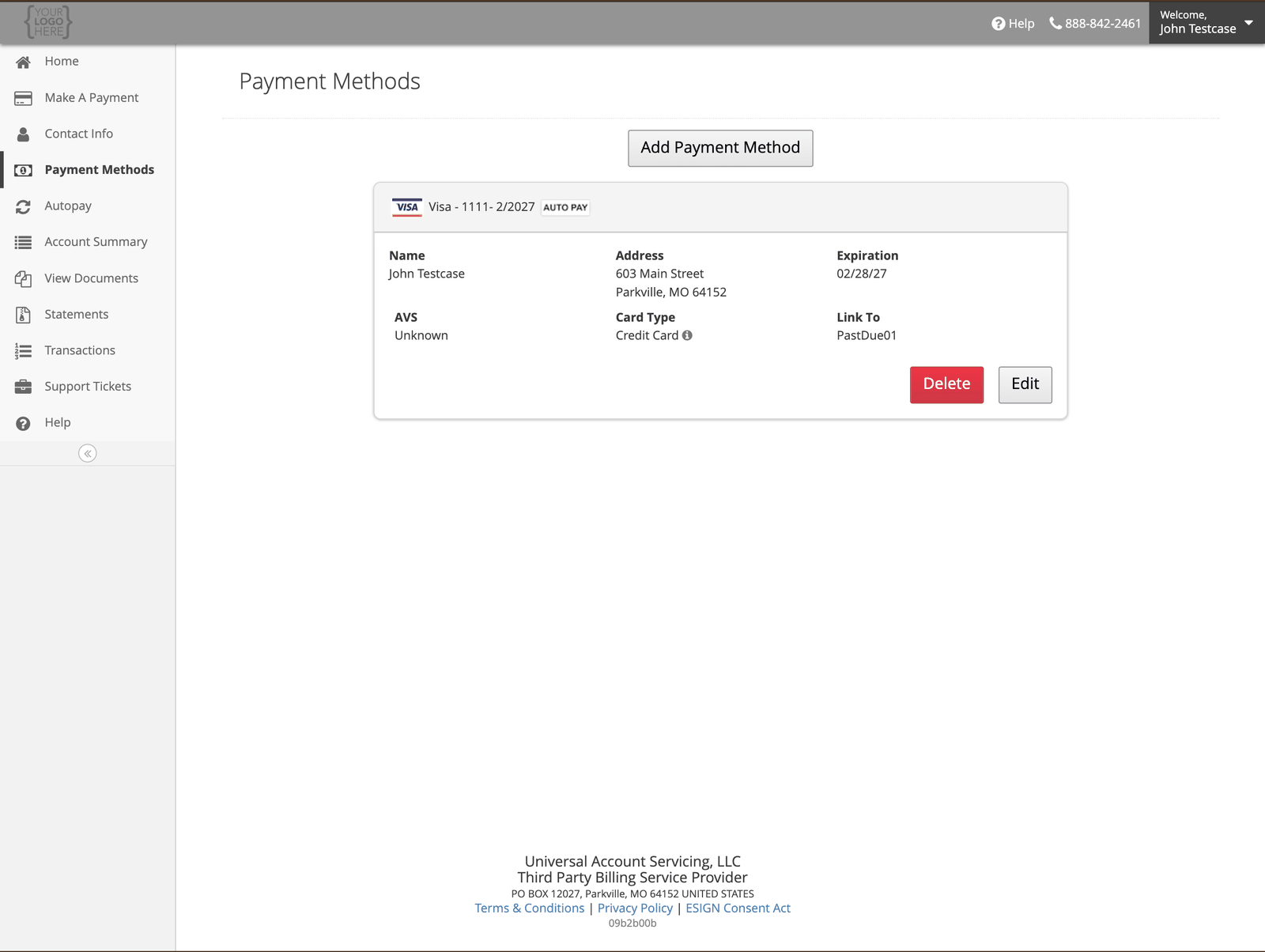 Payment Methods page showing a saved Visa card with name, address, expiration, card type and Delete and Edit buttons
