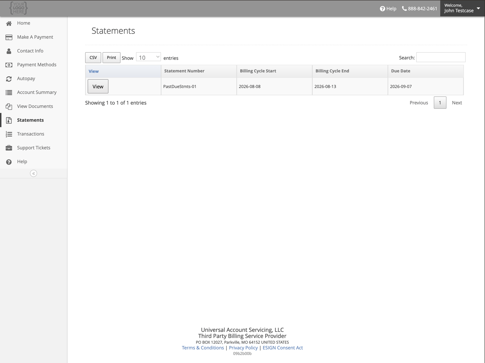 The Statements page listing statement number, billing cycle start and end, and due date, with CSV and Print export buttons