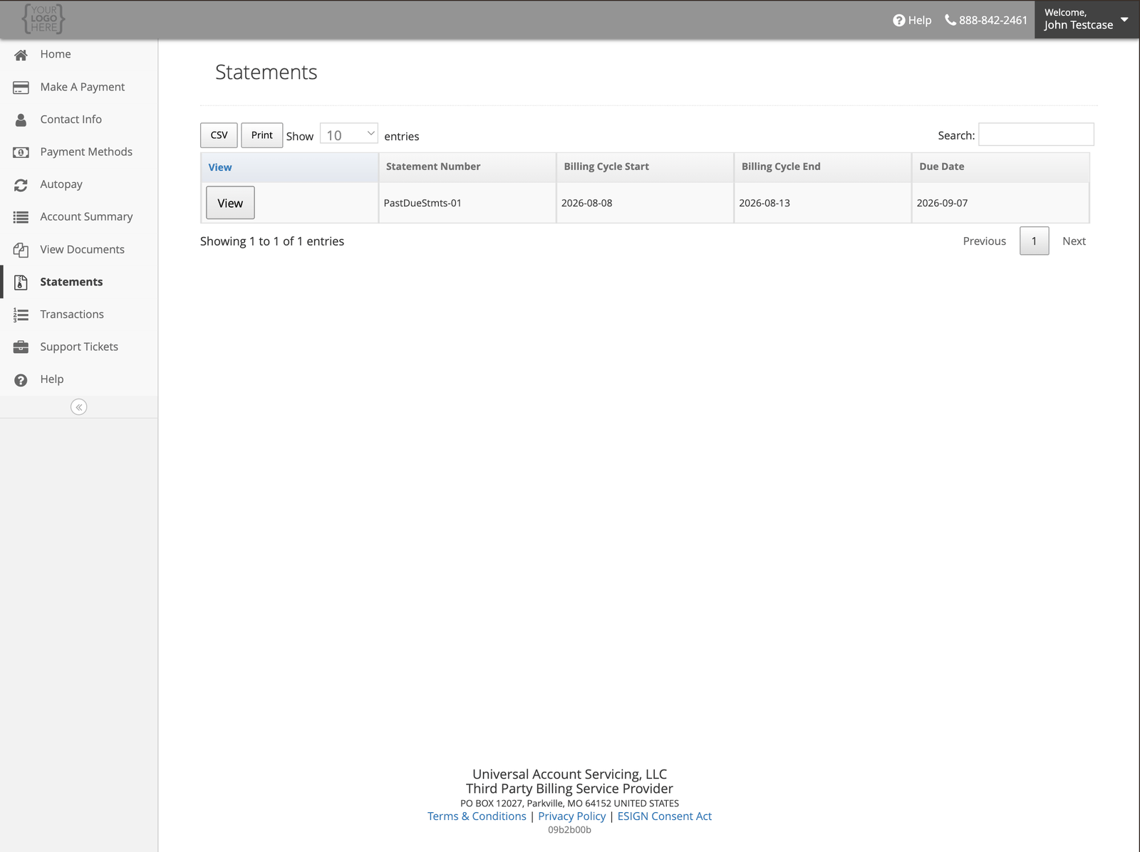 The Statements page listing statement number, billing cycle start and end, and due date, with CSV and Print export buttons