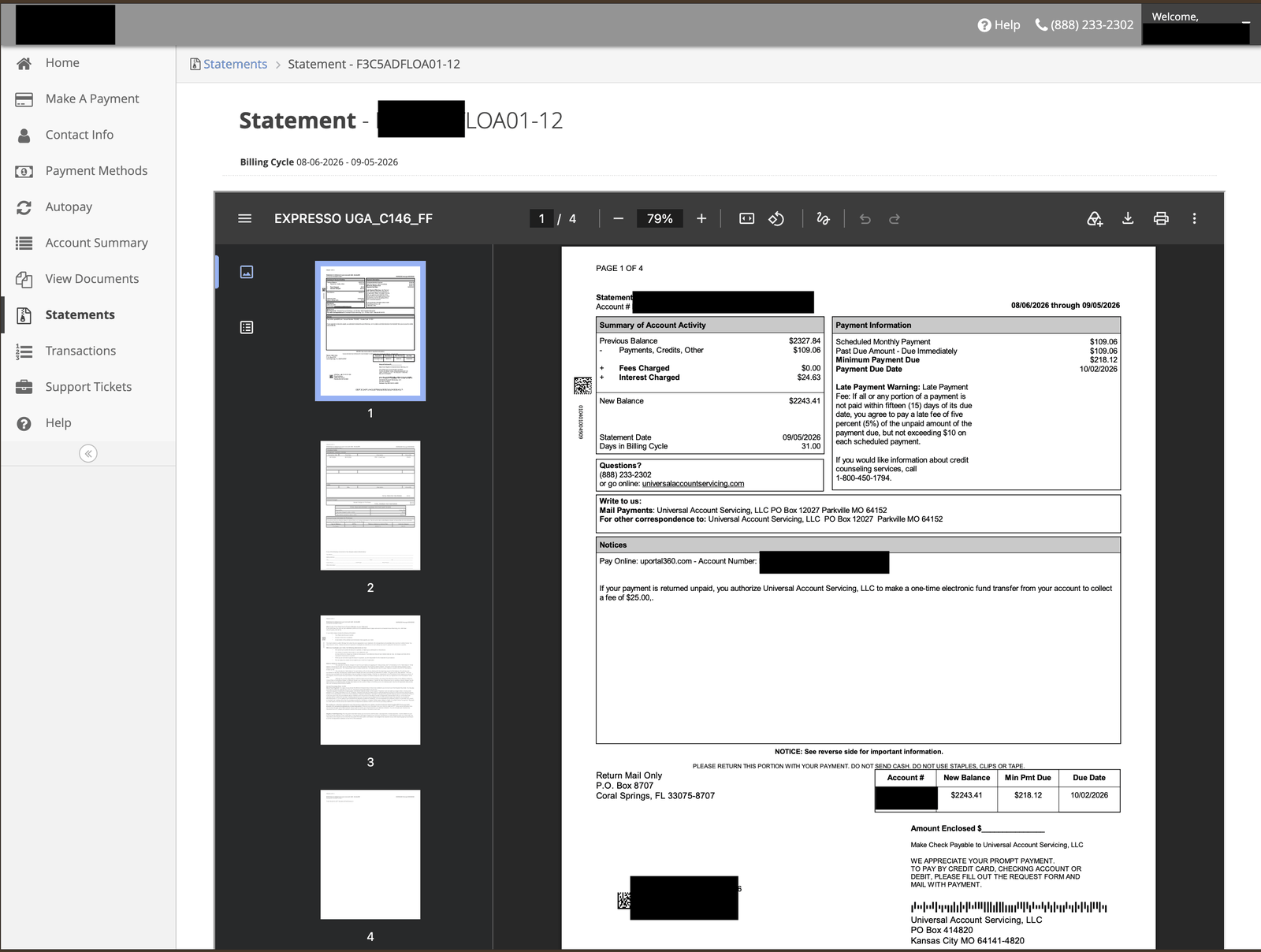 A statement open in the uPortal360 viewer, with page thumbnails down the left and download and print controls