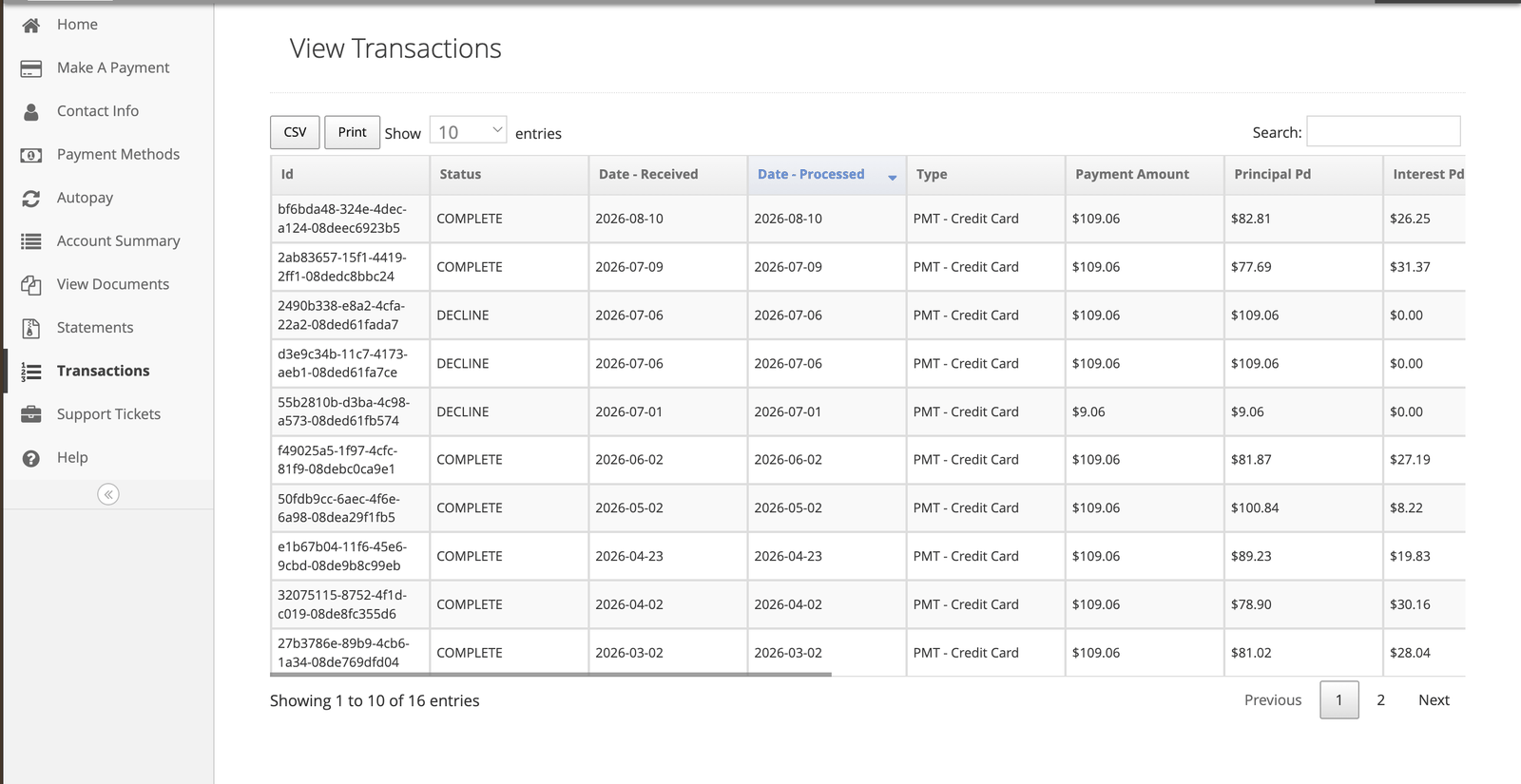 The View Transactions page listing transactions with Id, Status, dates received and processed, type, payment amount, principal paid and interest paid