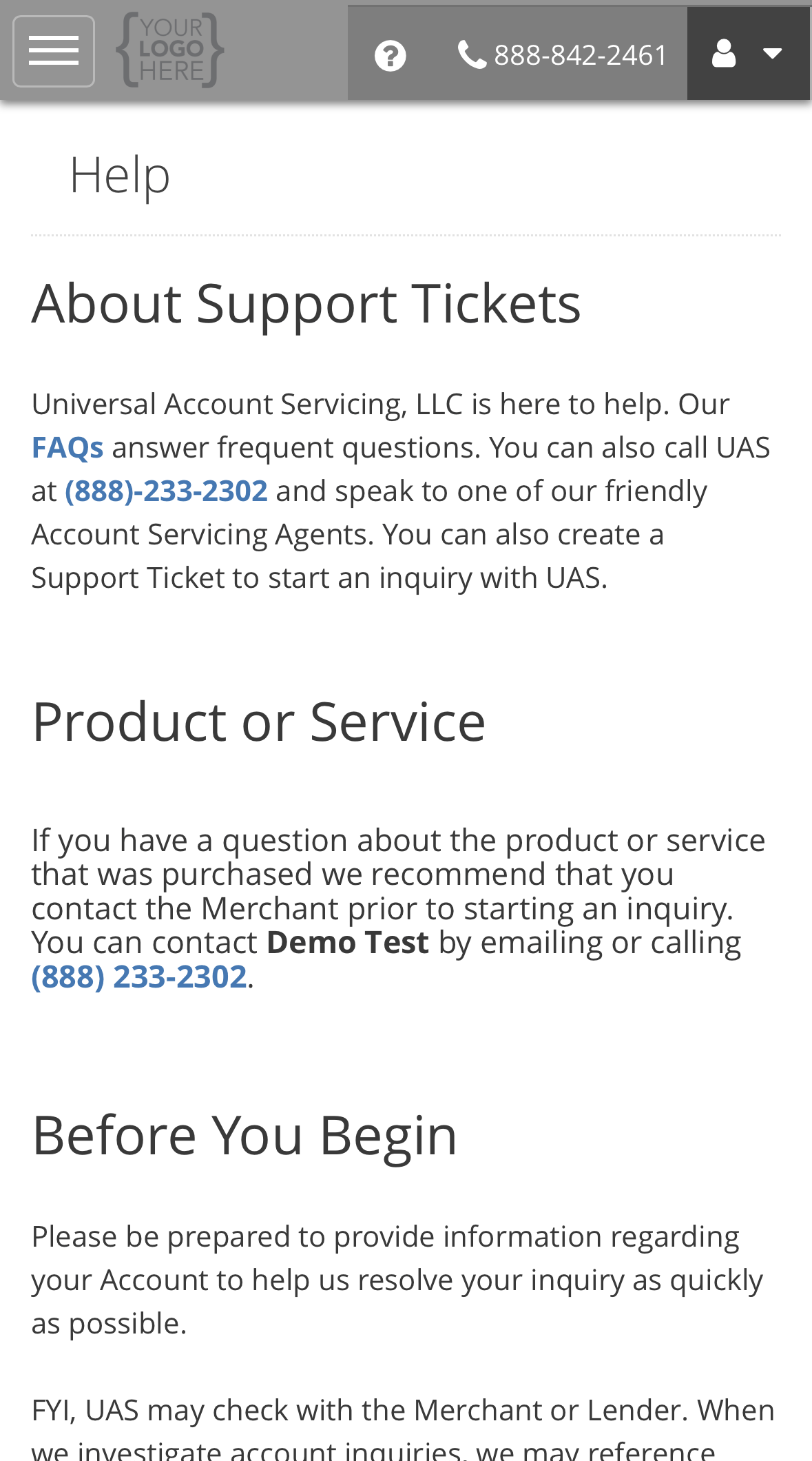 The Help page, with About Support Tickets, the seller's contact details under Product or Service, and Before You Begin