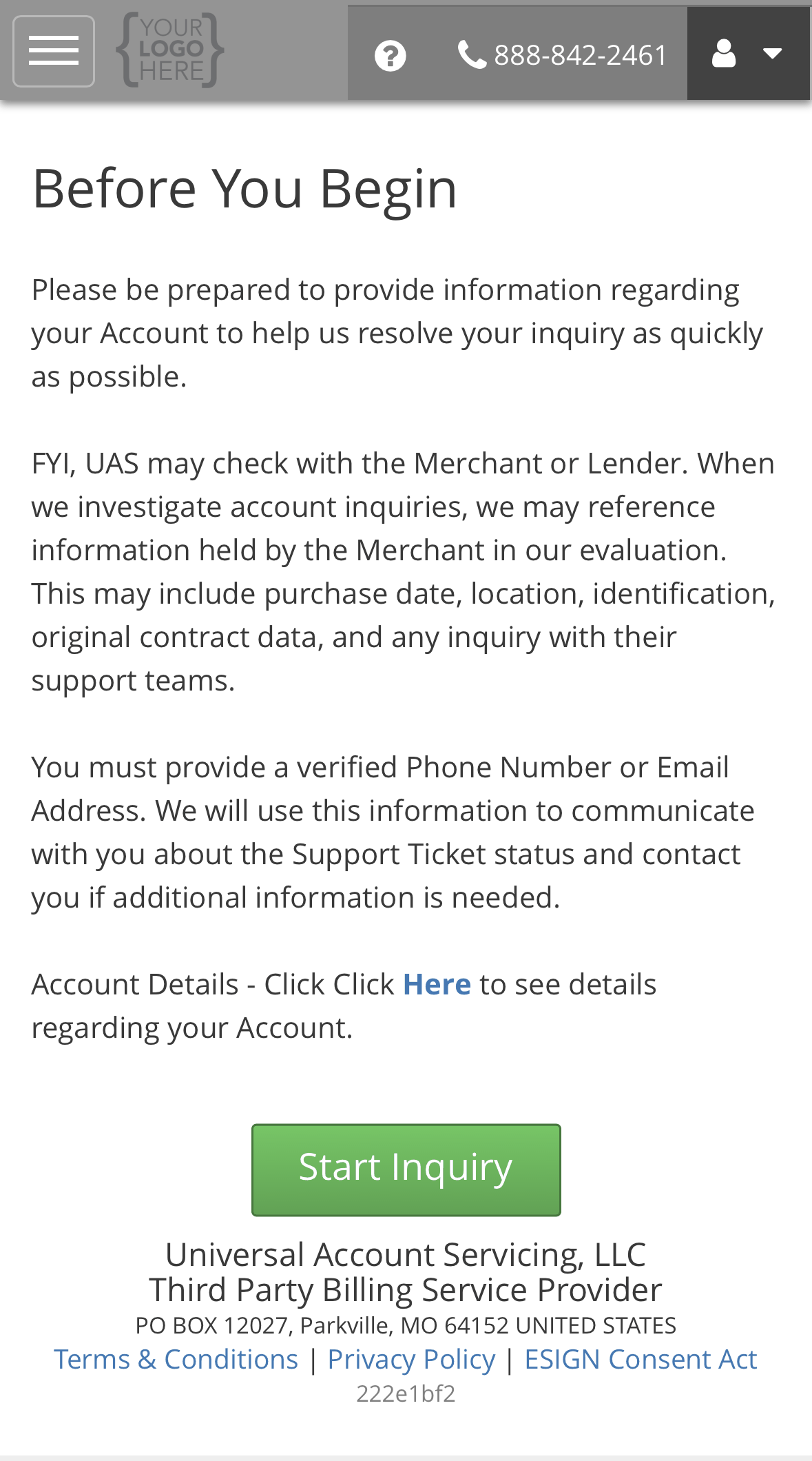 Before You Begin: what to have ready, a note that UAS may check with the seller, the verified contact requirement, and the Start Inquiry button