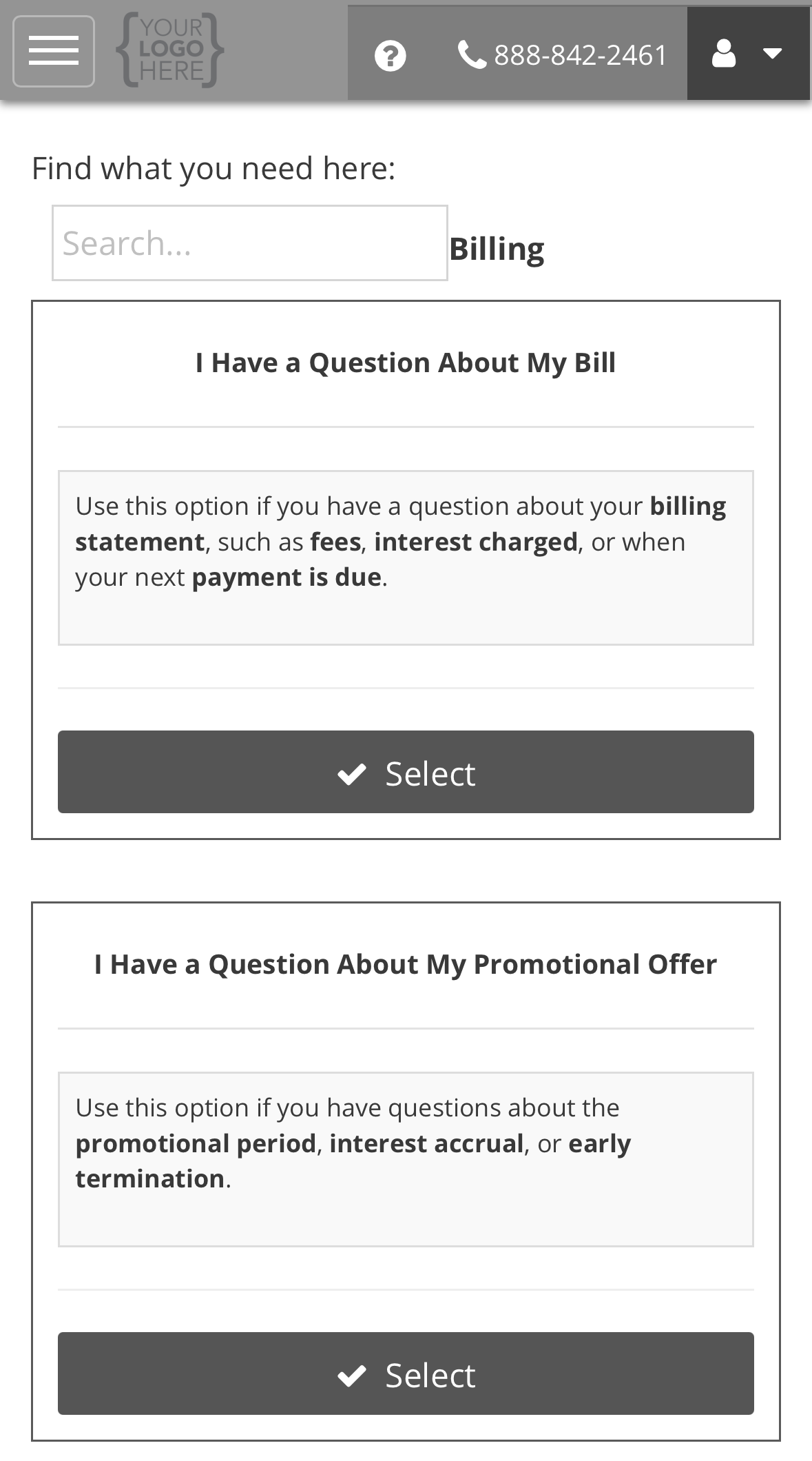 The Billing request types, with I Have a Question About My Promotional Offer second