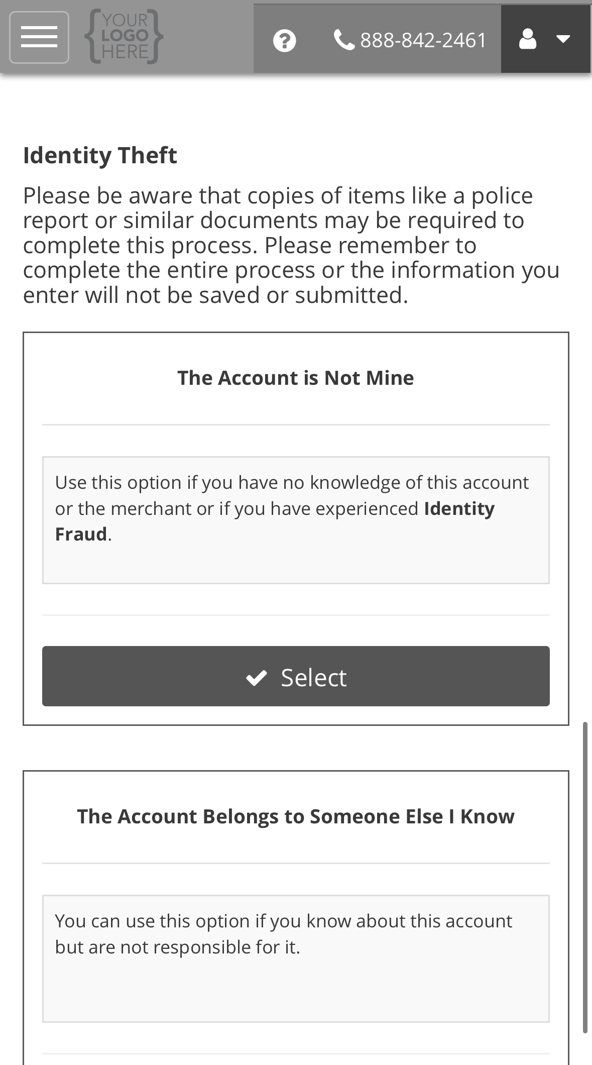 The Identity Theft inquiry options, offering The Account is Not Mine and The Account Belongs to Someone Else I Know