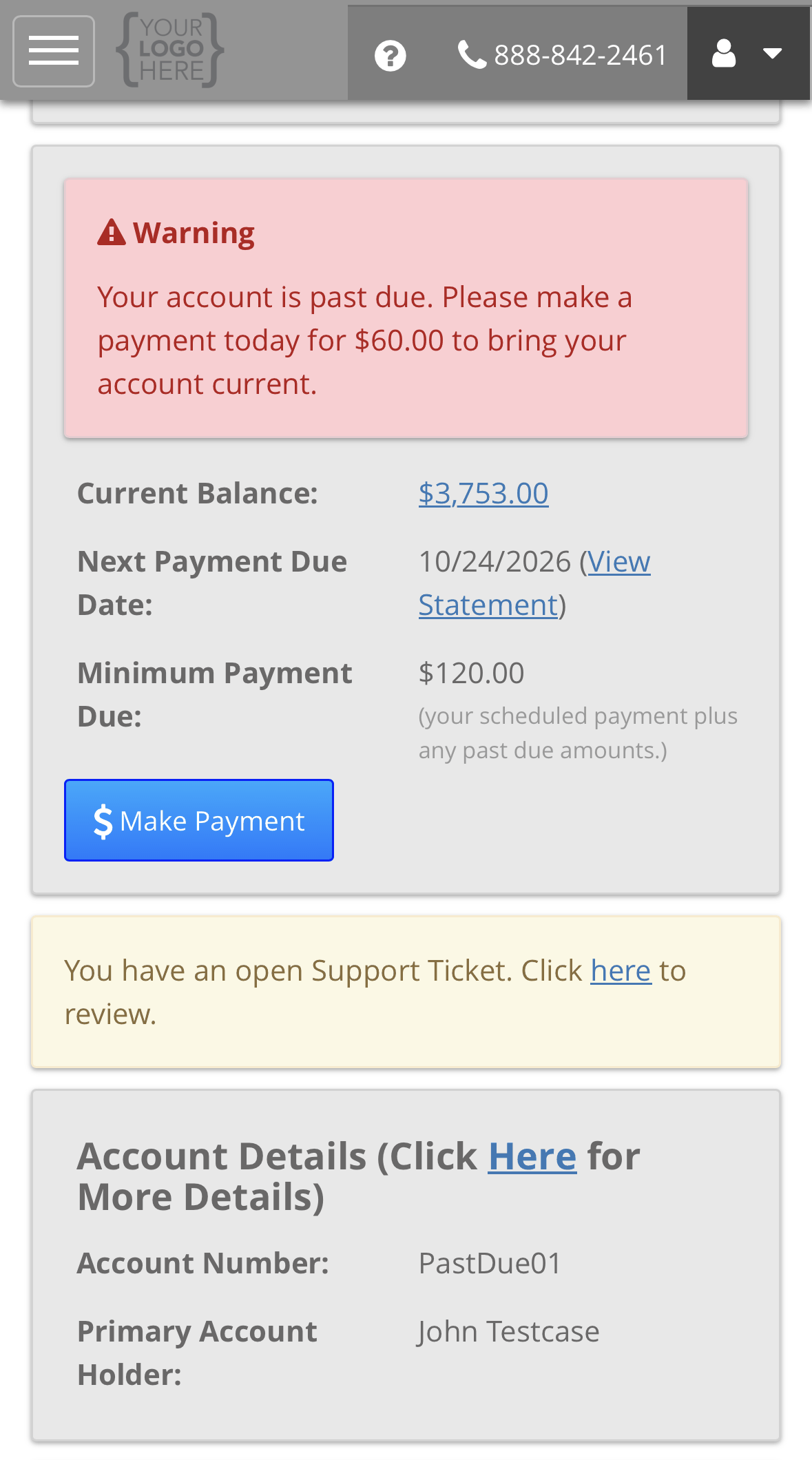 The Home screen with a banner reading You have an open Support Ticket, Click here to review