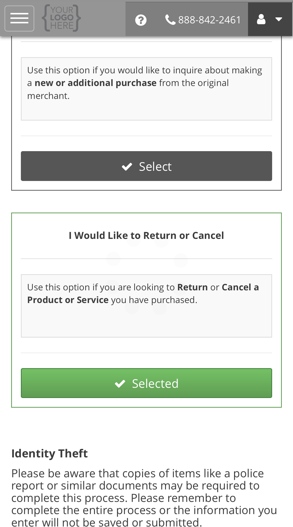 The I Would Like to Return or Cancel option highlighted in green with a Selected button
