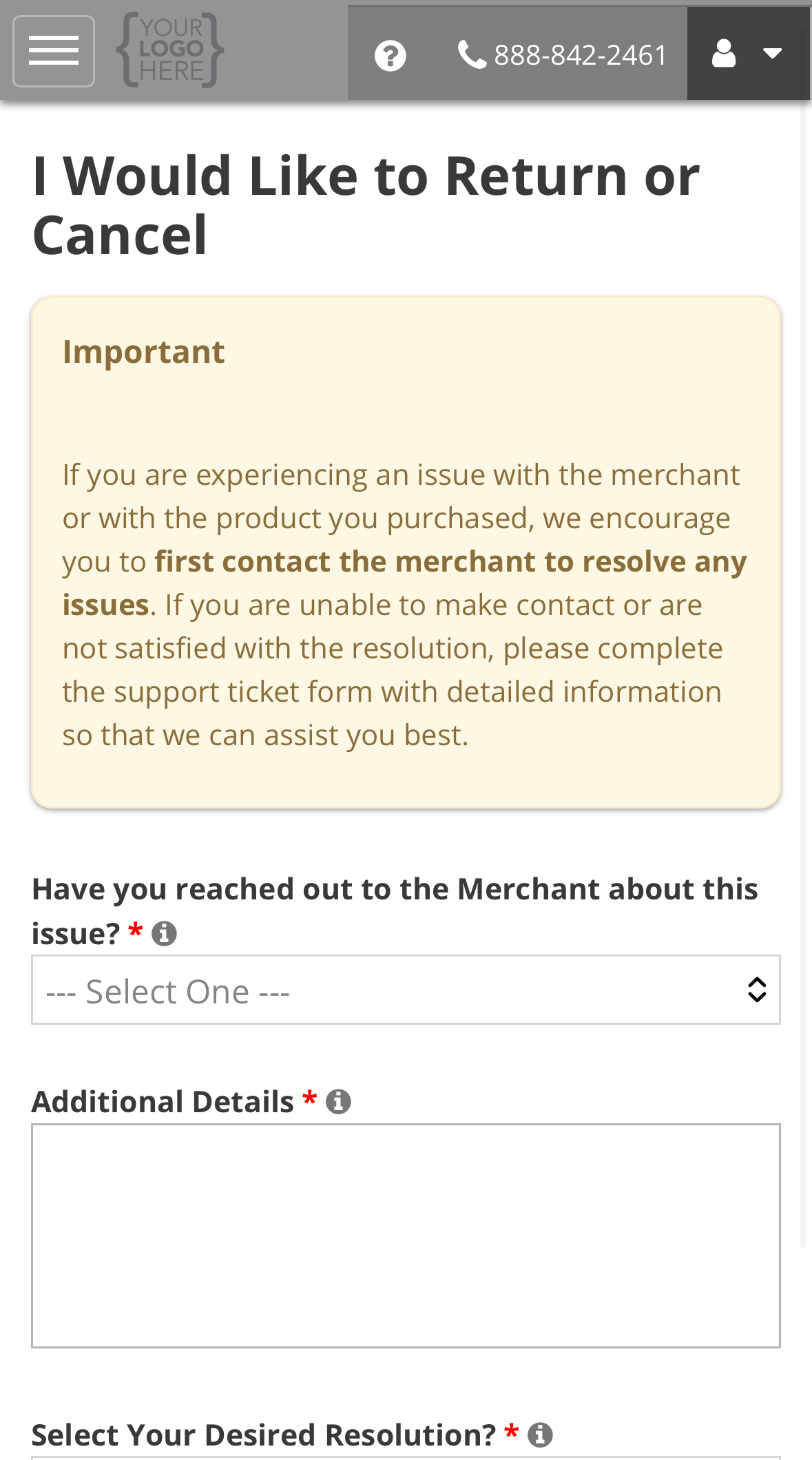 The I Would Like to Return or Cancel form, with an Important note to contact the seller first, and empty required questions