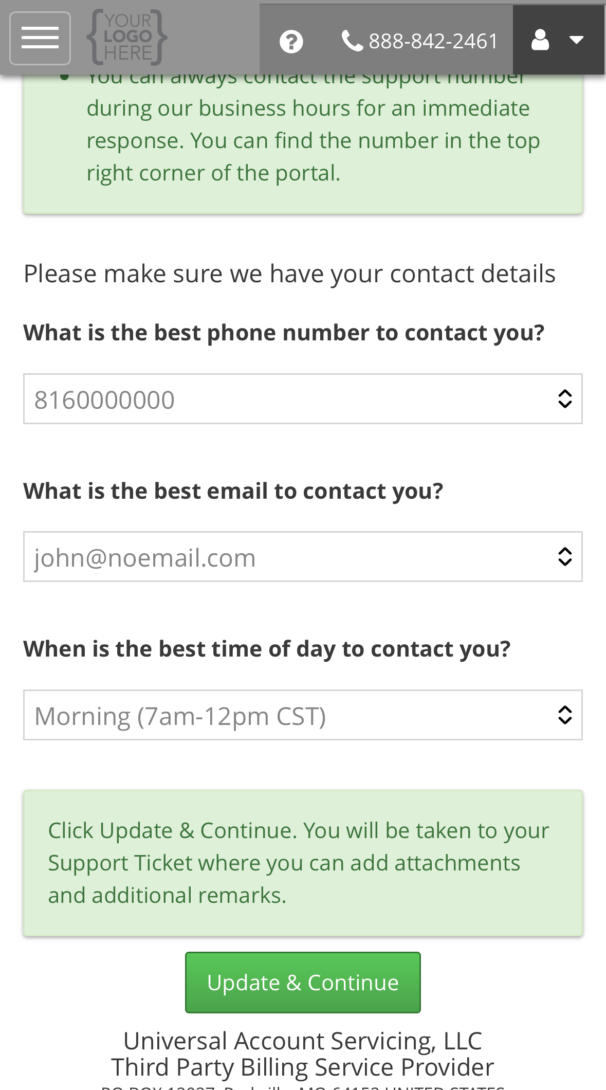 Contact preference questions for best phone number, best email and best time of day, and the Update and Continue button