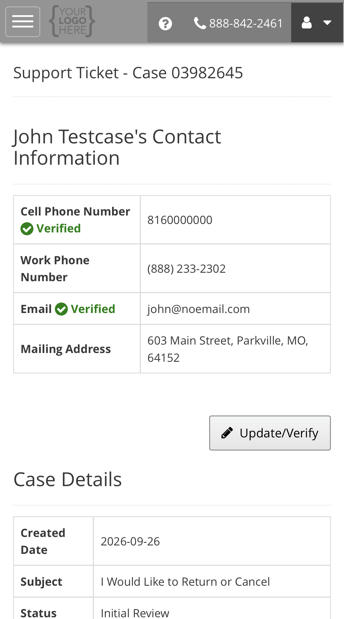 A support ticket headed with its case number, the account holder's contact information with verified phone and email, an Update/Verify button, and the start of Case Details