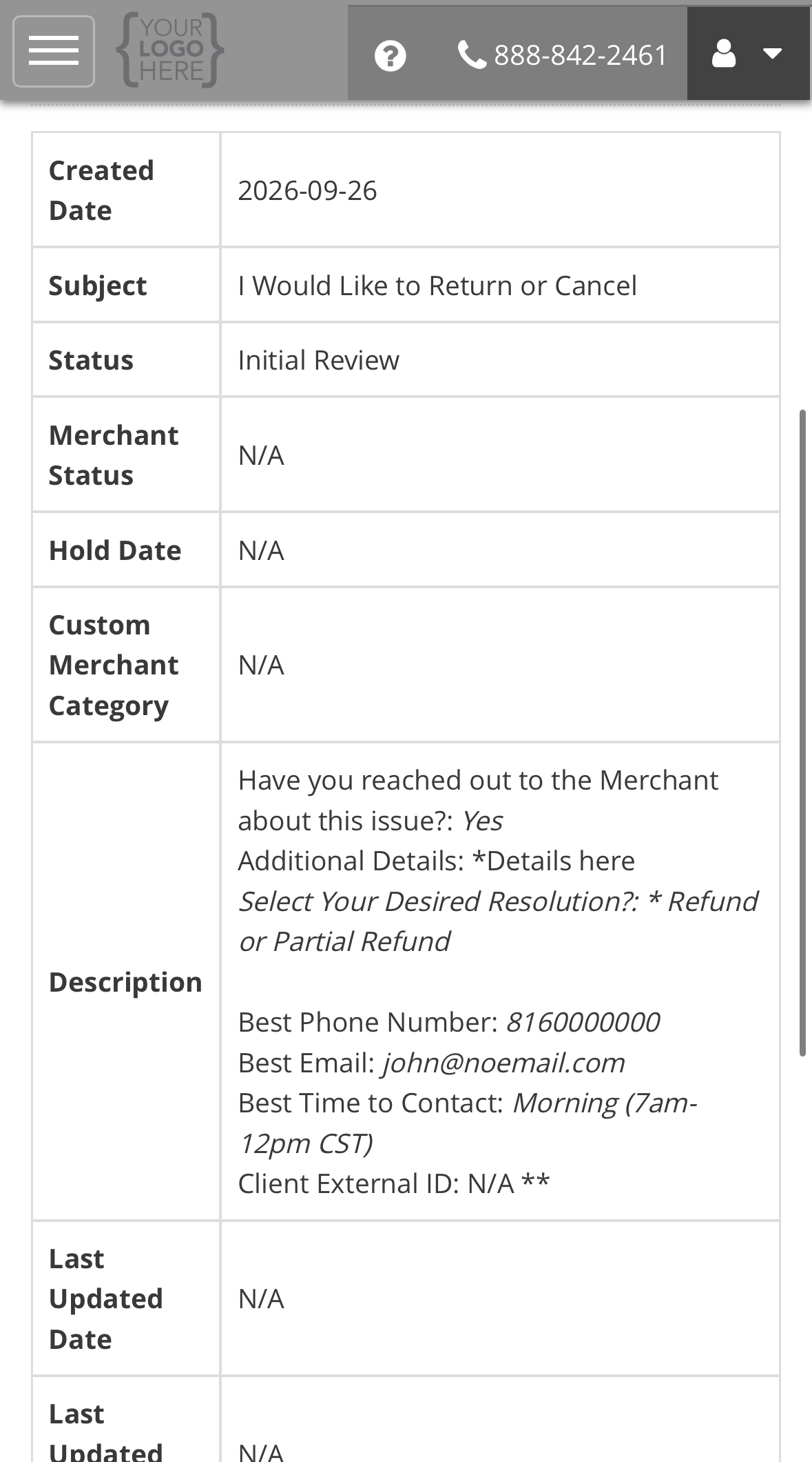 Case Details for an open ticket: created date, subject, Initial Review status, Merchant Status and Hold Date of N/A, and a description repeating the form answers and contact preferences