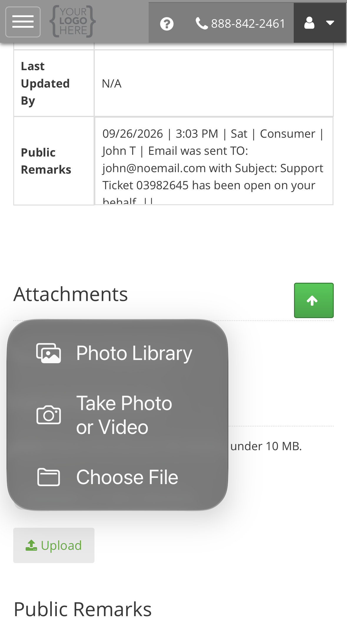 Choosing a file to attach on a phone, with options for Photo Library, Take Photo or Video, and Choose File