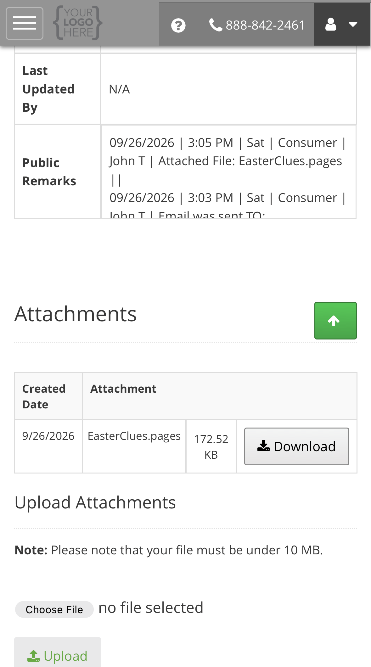 An attached file listed with its created date, name, size and a Download button, the upload recorded in Public Remarks, and the 10 MB limit