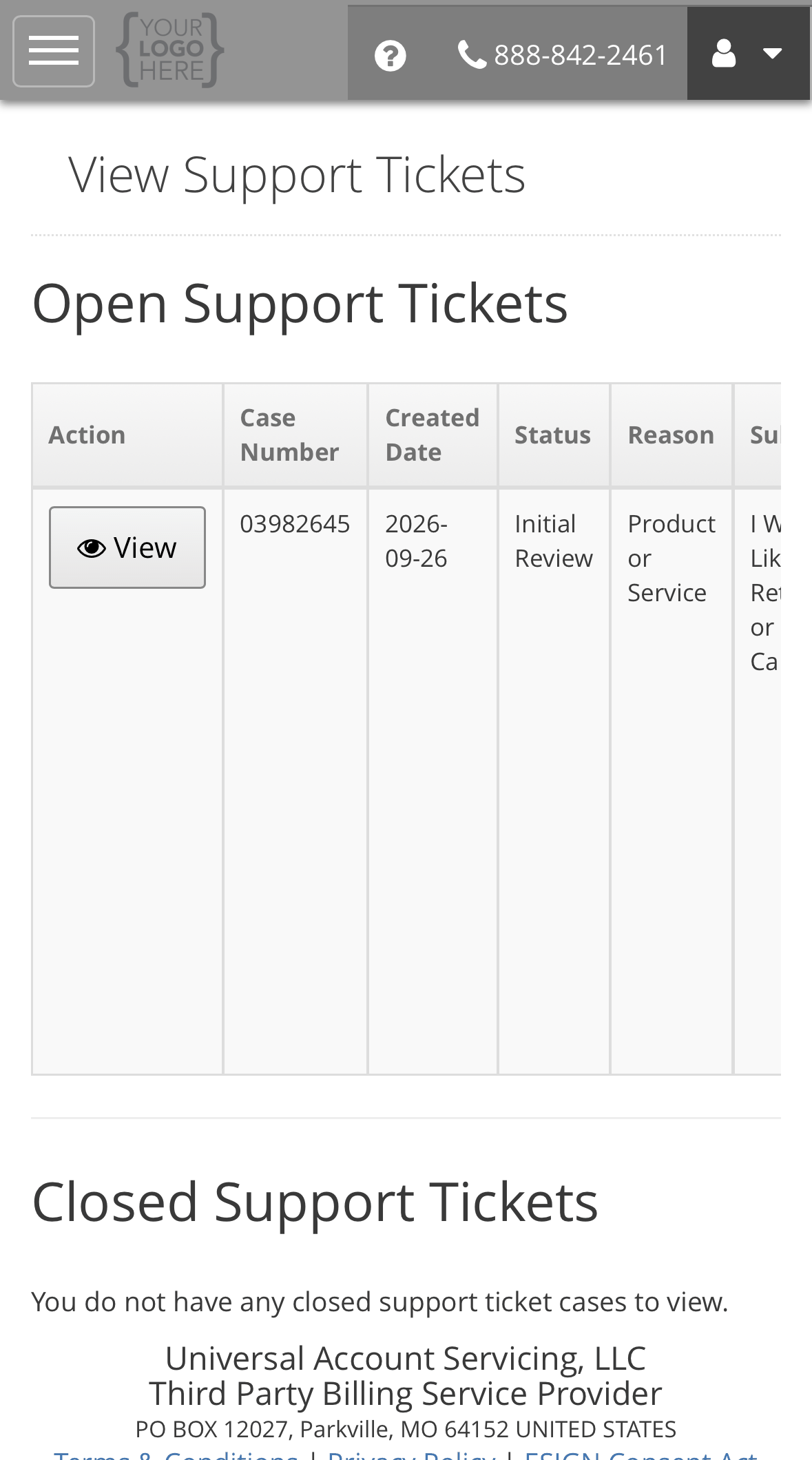 View Support Tickets, with one open ticket showing its case number, created date, Initial Review status and Product or Service reason, and a View button