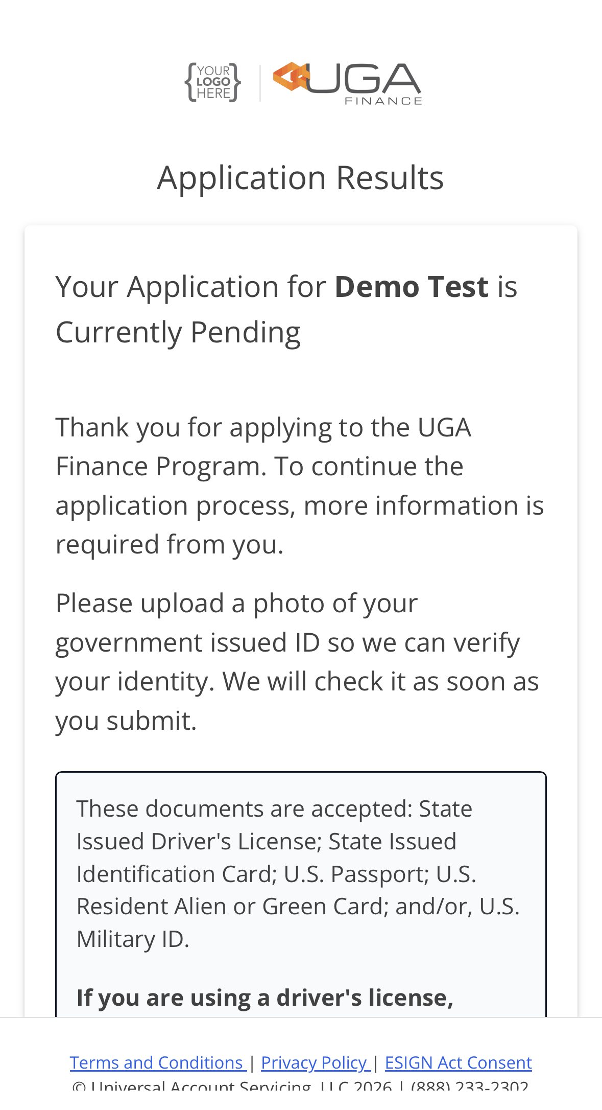 The pending screen asking the applicant to upload a photo of a government issued ID