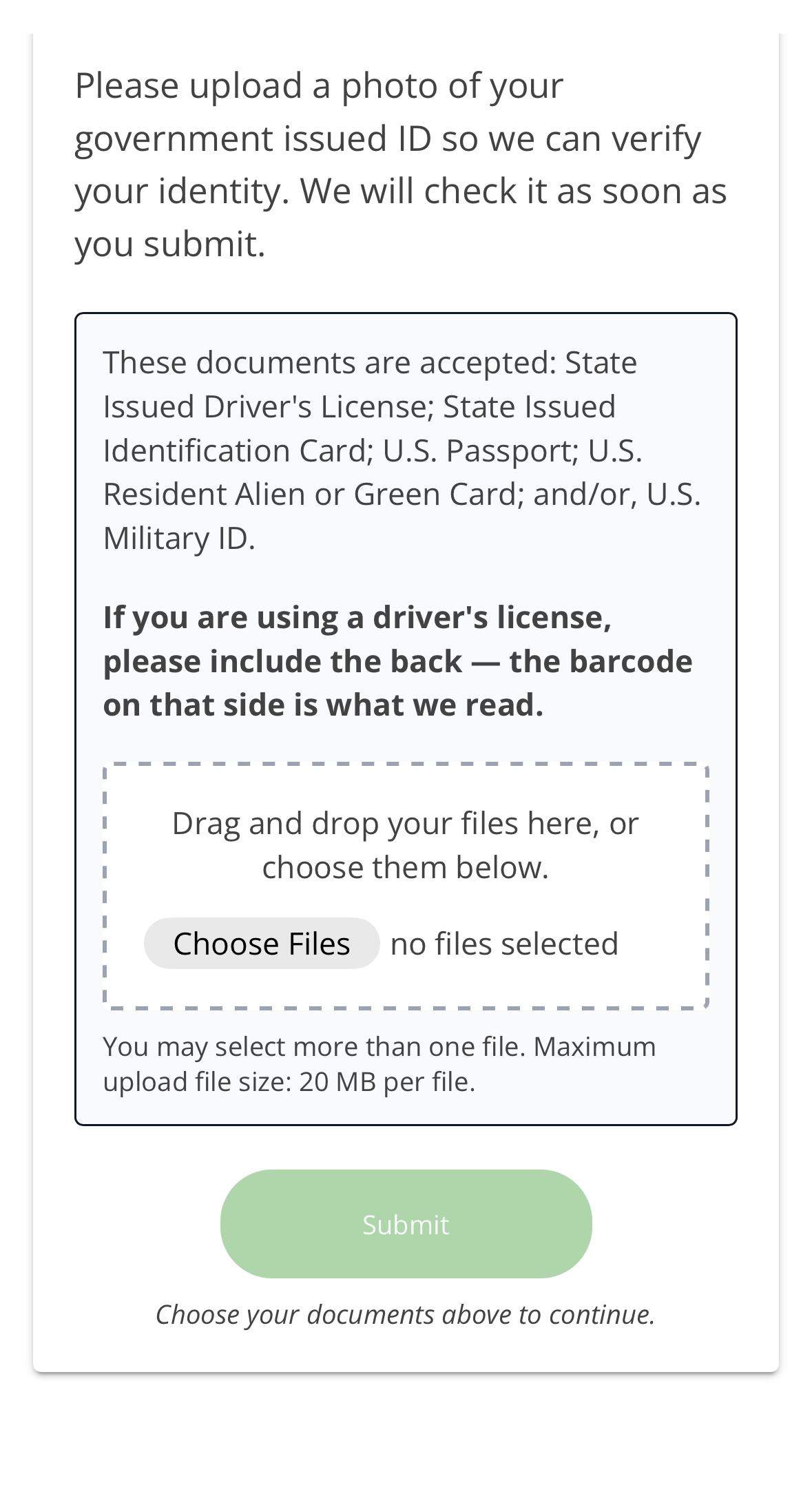 The accepted document list and file chooser, with the Submit button greyed out until a file is chosen