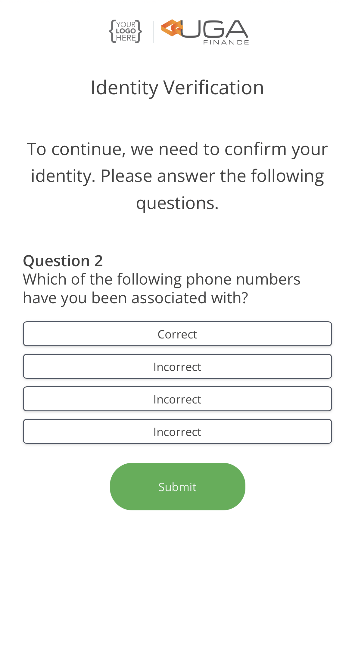 Identity Verification question two, asking which phone numbers the applicant has been associated with