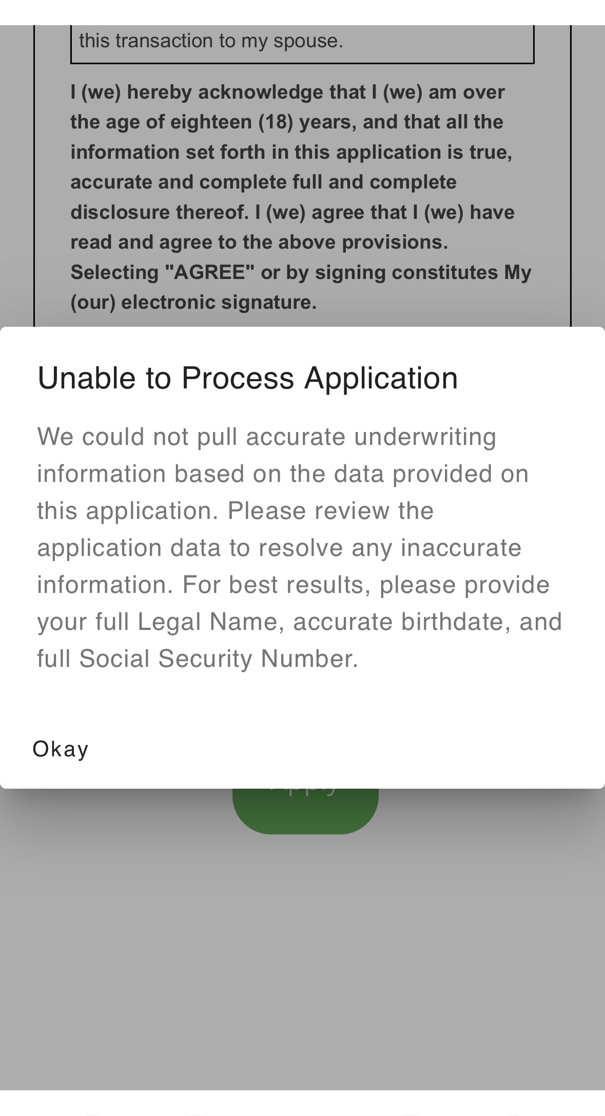 The Unable to Process Application message, shown when no credit report could be matched to the application