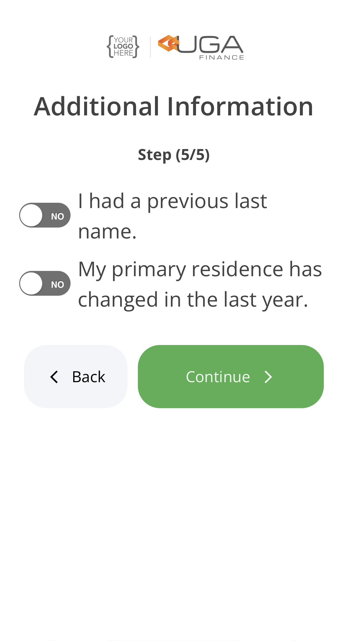 The Additional Information step with both previous-name and previous-address toggles set to No
