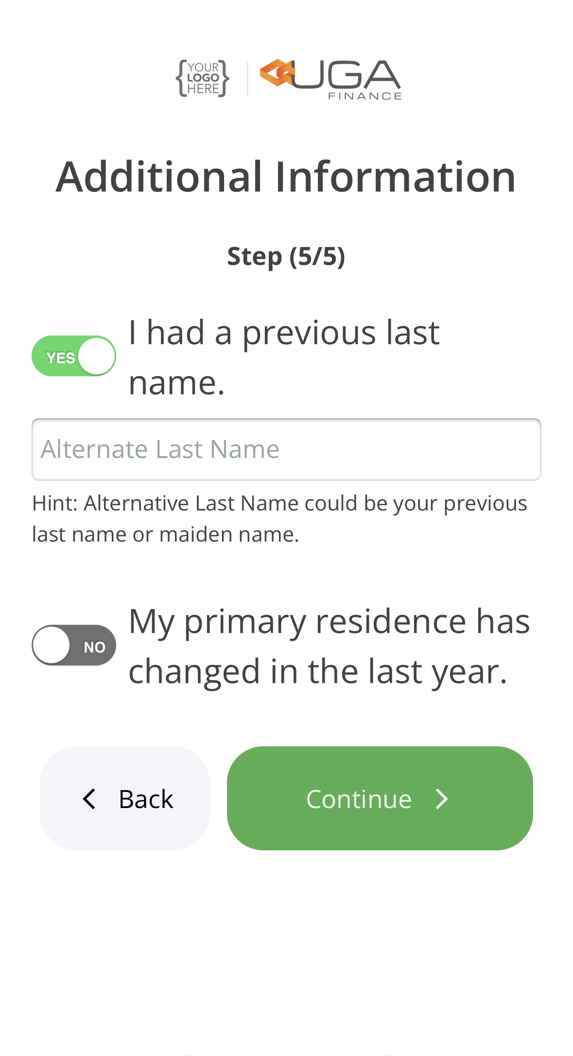 The Additional Information step with the previous last name toggle set to Yes, showing the Alternate Last Name field