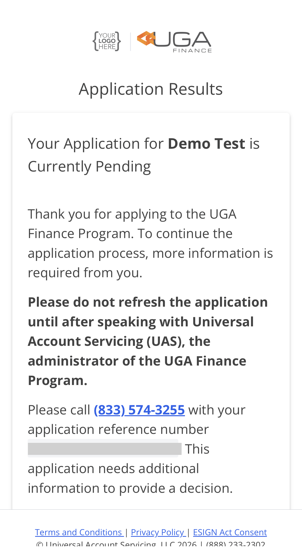 The Application Results screen telling the applicant their application is pending and to call UAS