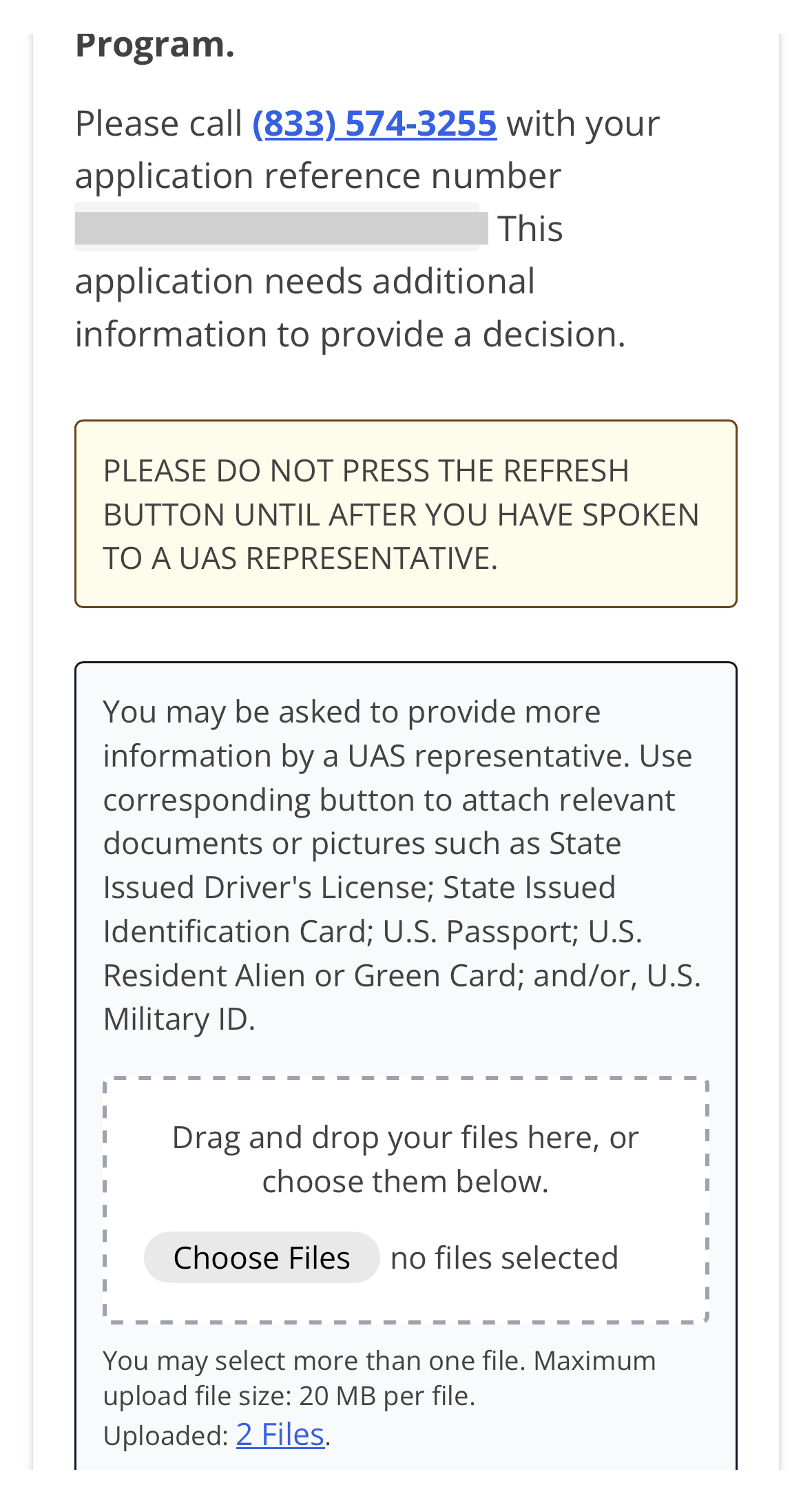 The pending screen's upload panel, showing accepted documents and two files already uploaded