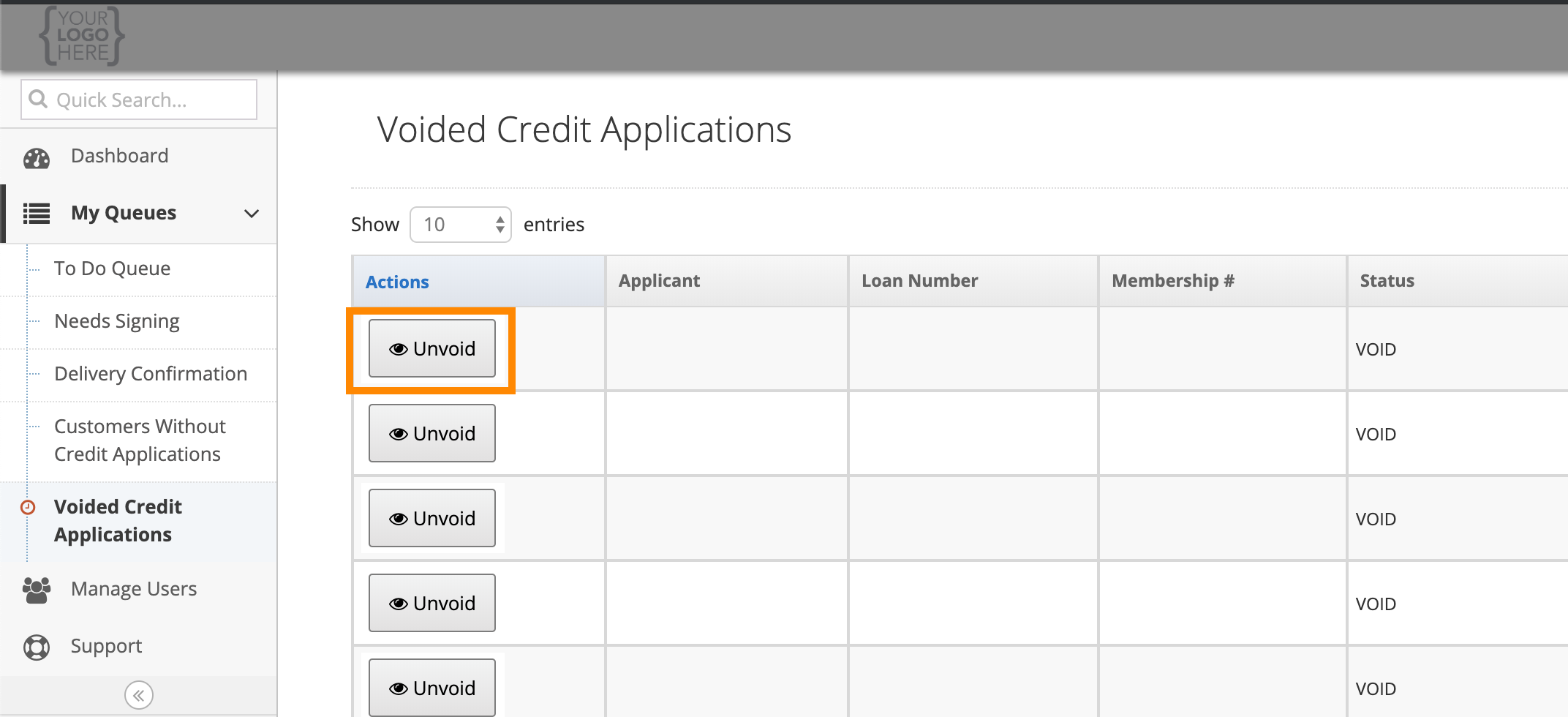 Voided Credit Applications