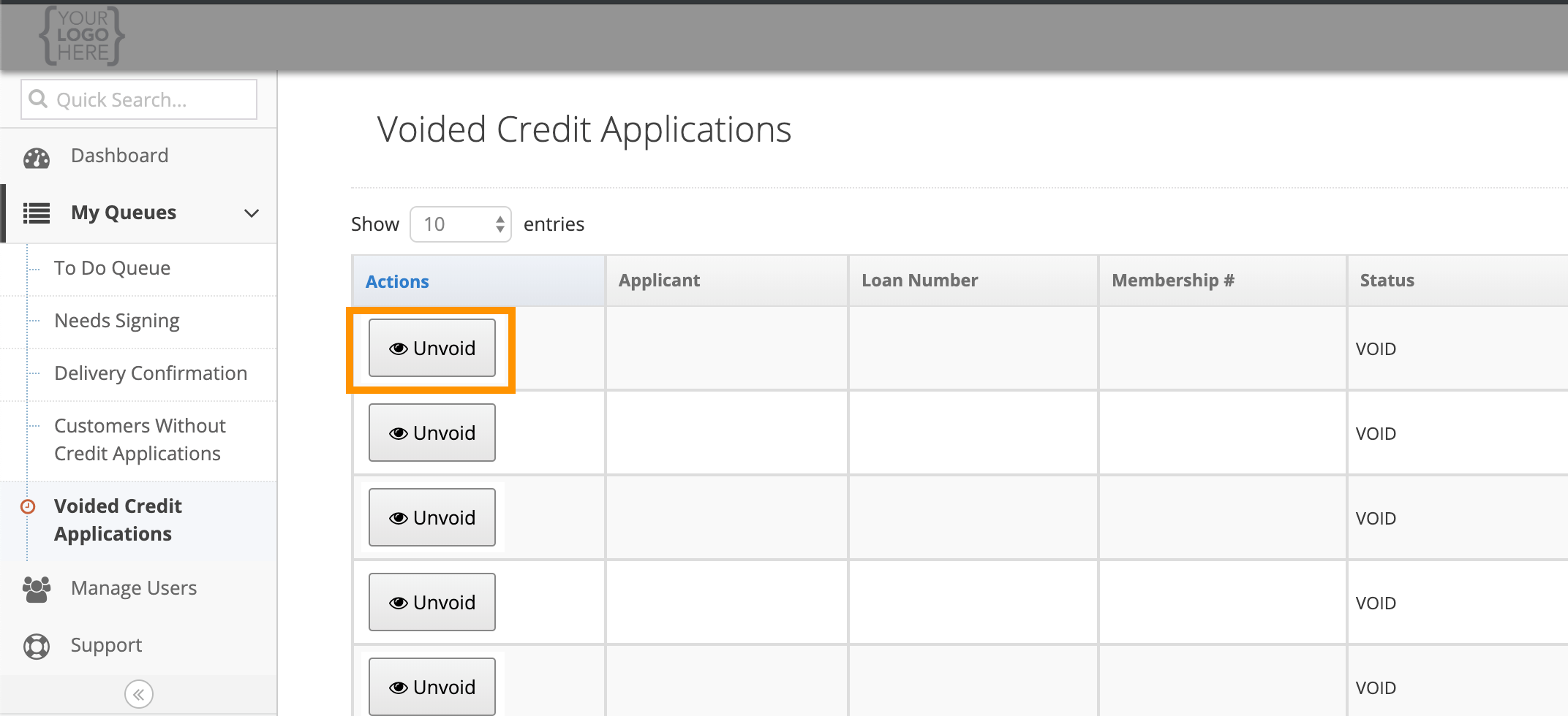 Voided Credit Applications