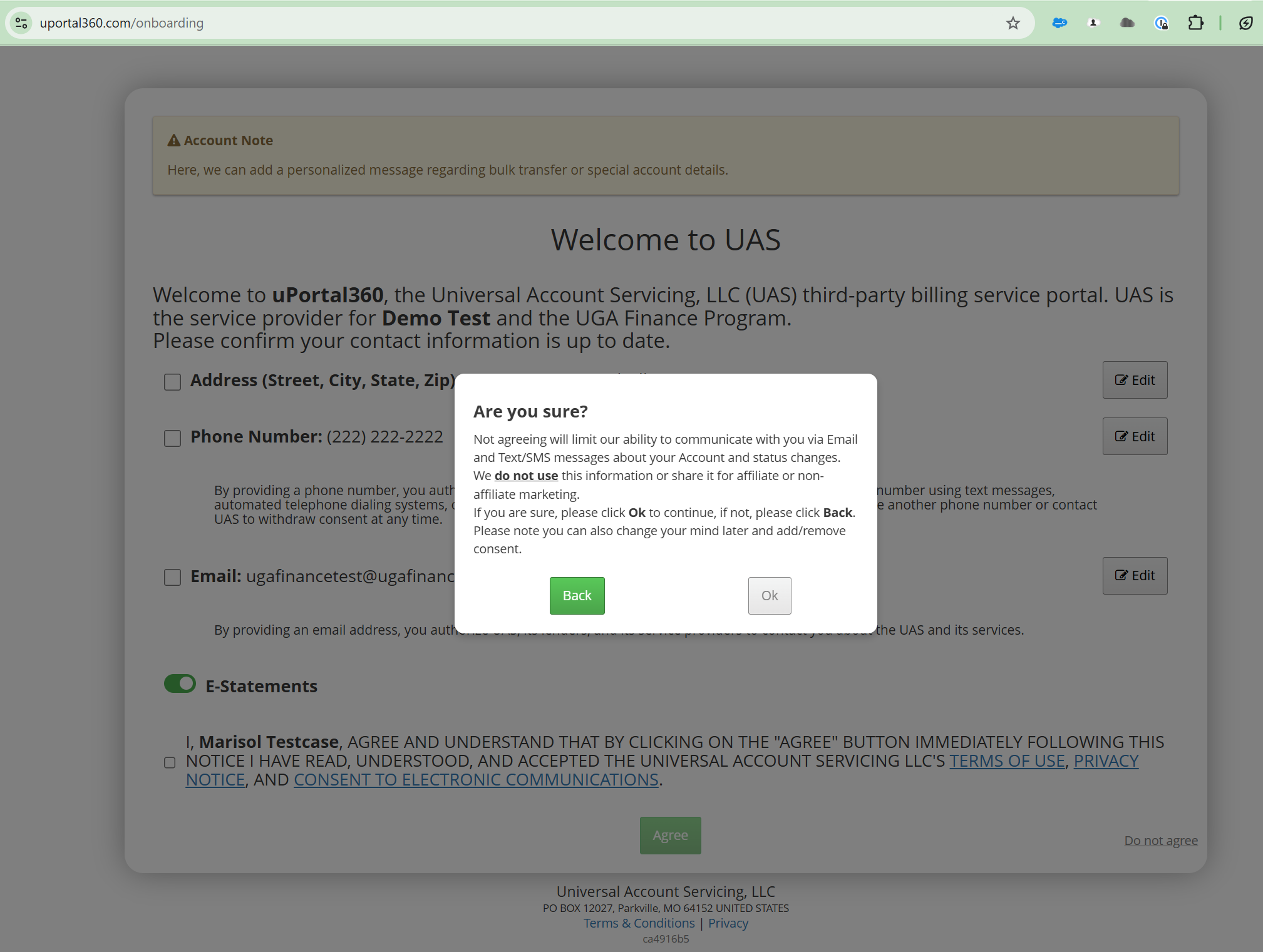 Onboarding screen prompting the consumer to confirm they don't want to agree to the required consents