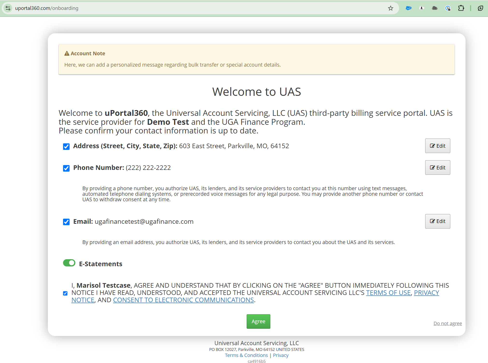 Onboarding screen showing the consumer's contact information for confirmation