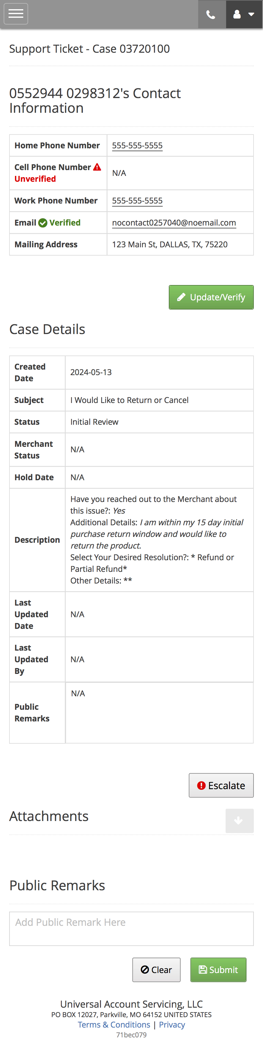 Open Ticket/Escalation Detail Landing Page