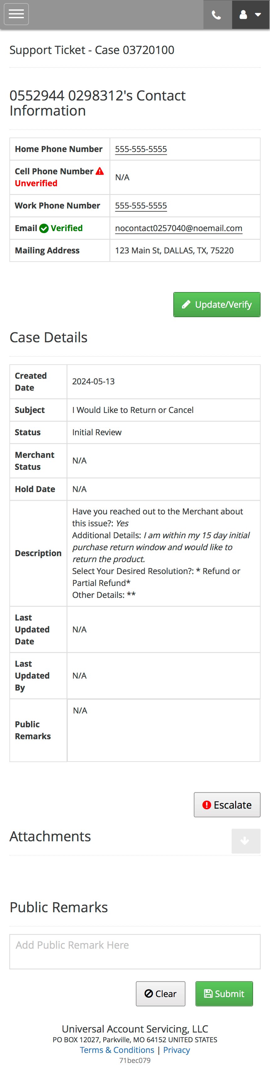 Open Ticket/Escalation Detail Landing Page