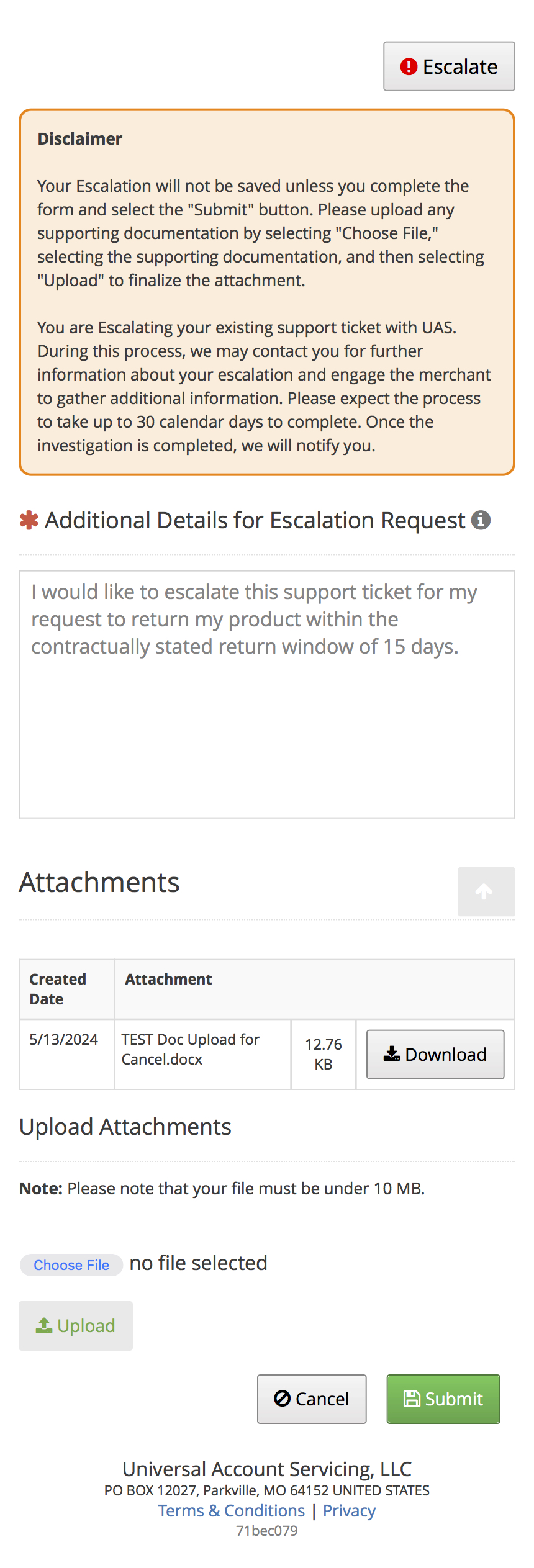 Escalation Detail Expanded