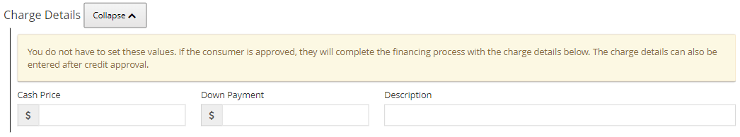 The Charge Details for the new application.