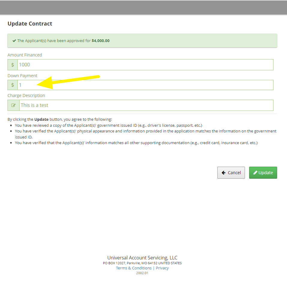 Update Contract - Enter Down Payment