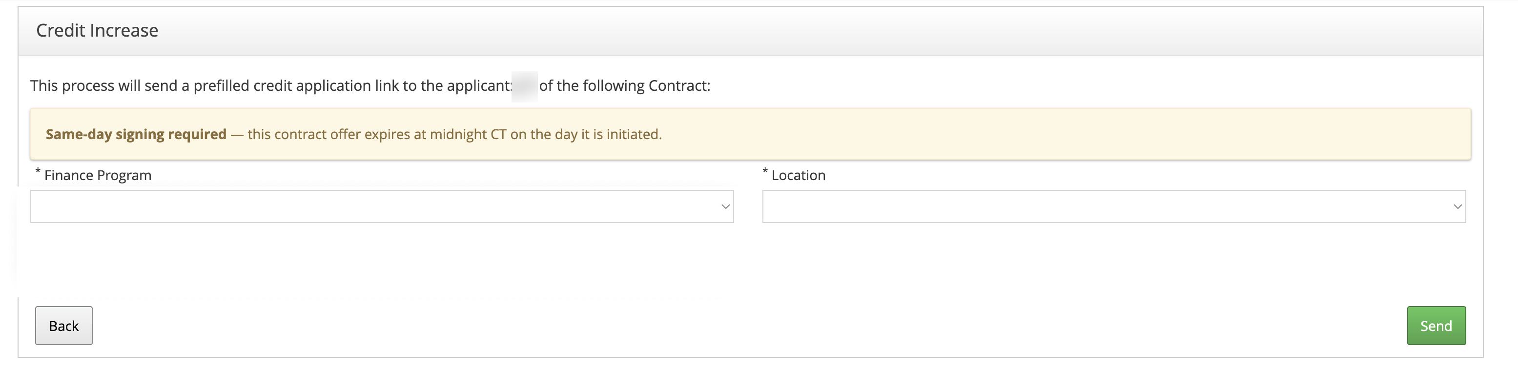 uPortal360 Credit Increase screen with the same-day signing banner above the required Finance Program and Location fields